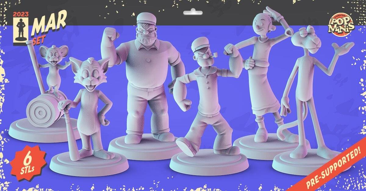 Classic Cartoons 3d printed mini's Popmini 36mm, Popeye, Olive Oil, Bluto, Tom