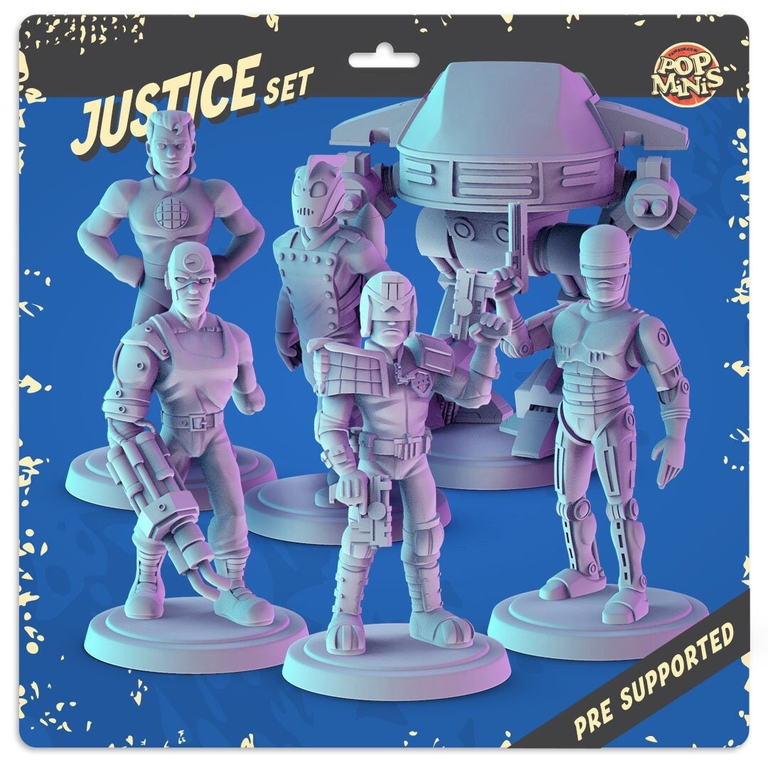 Justice 34mm Minis Robocop, ed-209, Judge Dredd, mean Machine angel, captain pl