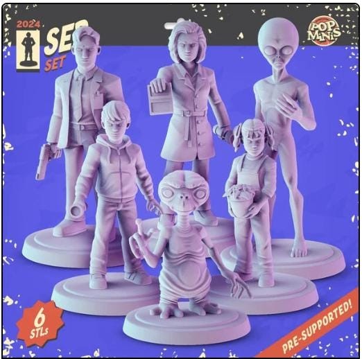 E.T. alien Miniatures - complete set 6 x 36mm Dioramas, tabletop RPGs. DnD D&D