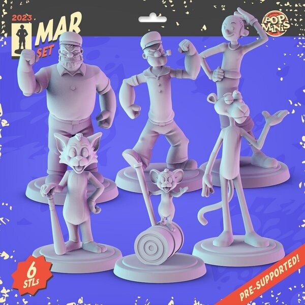 Classic Cartoons 3d printed mini's Popmini 36mm, Popeye, Olive Oil, Bluto, Tom