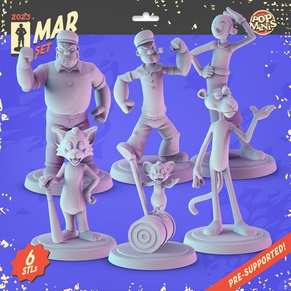 Classic Cartoons 3d printed mini's Popmini 36mm, Popeye, Olive Oil, Bluto, Tom