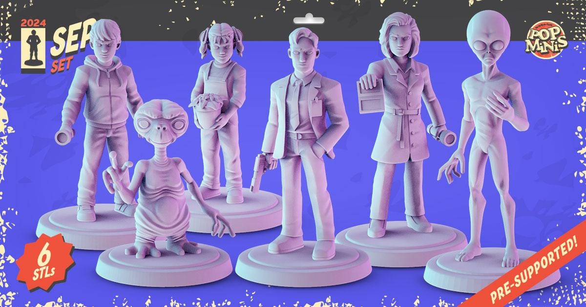 E.T. alien Miniatures - complete set 6 x 36mm Dioramas, tabletop RPGs. DnD D&D